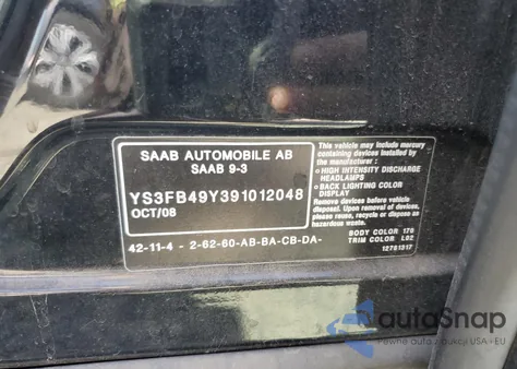 2009 Saab 9-3 2.0T from USA, damaged, VIN YS3FB49Y391012048